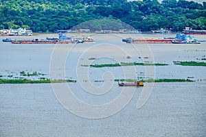 Aerial view of Irrawaddy river and ship, view from sagaing hill. landmark and popular for tourists attractions in Myanmar