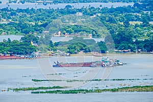 Aerial view of Irrawaddy river and ship, view from sagaing hill. landmark and popular for tourists attractions in Myanmar