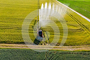 Aerial view of irrigation with atomized water jet