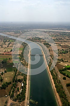 Aerial view irrigation canal in India