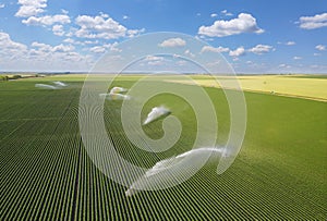 Aerial view of irrigation system rain gun sprinkler on agricultural soybean field