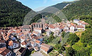 Aerial view of Isaba township with Saint Cyprian church in Pyrenees, Navarre
