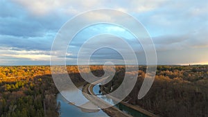 Aerial view of Isar River in Munich, Germany Upper Bavaria at sunset in sunny autumn weather. Drone view of Isar River