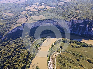 Aerial view of Iskar river, passing near village of Karlukovo, Bulgaria