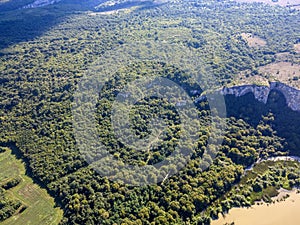 Aerial view of Iskar river, passing near village of Karlukovo, Bulgaria