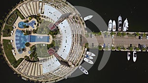 Aerial view of Isla Paraiso, a circle-shaped residential building in the city of Lechería, northern Anzoátegui state, Venezuela