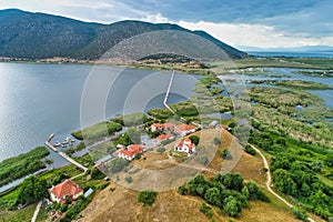 Aerial view of island of Agios Achilios in lake Small Prespes