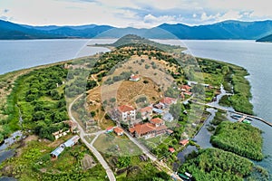 Aerial view of island of Agios Achilios in lake Small Prespes