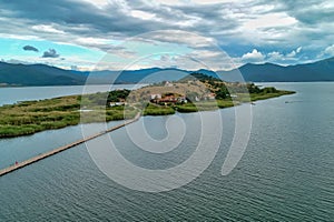 Aerial view of island of Agios Achilios in lake Small Prespes