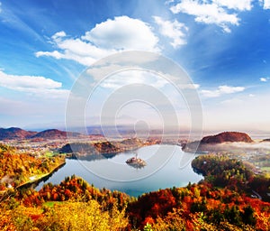 Aerial view of the island on alpine lake Bled. Location place Julian Alps, Slovenia, Europe