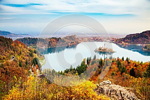 Aerial view of the island on alpine lake Bled. Location place Julian Alps, Slovenia, Europe