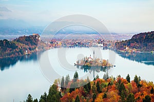 Aerial view of the island on alpine lake Bled. Location place Julian Alps, Slovenia, Europe