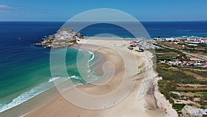 Aerial view of island Baleal naer Peniche on the shore of the ocean in west coast of Portugal. Baleal Portugal with incredible