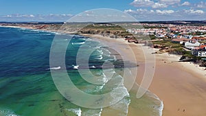 Aerial view of island Baleal naer Peniche on the shore of the ocean in west coast of Portugal. Baleal Portugal with incredible