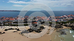 Aerial view of island Baleal naer Peniche on the shore of the ocean in west coast of Portugal. Baleal Portugal with incredible