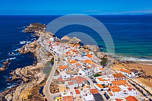 Aerial view of island Baleal naer Peniche on the shore of the ocean in west coast of Portugal. Baleal Portugal with incredible