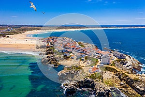 Aerial view of island Baleal naer Peniche on the shore of the ocean in west coast of Portugal. Baleal Portugal with incredible