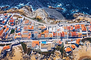 Aerial view of island Baleal naer Peniche on the shore of the ocean in west coast of Portugal. Baleal Portugal with incredible