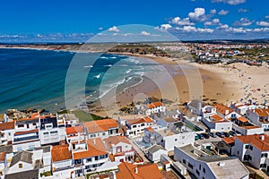 Aerial view of island Baleal naer Peniche on the shore of the ocean in west coast of Portugal. Baleal Portugal with incredible