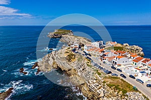 Aerial view of island Baleal naer Peniche on the shore of the ocean in west coast of Portugal. Baleal Portugal with incredible