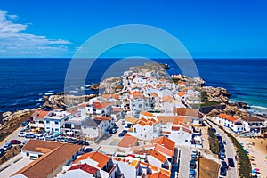 Aerial view of island Baleal naer Peniche on the shore of the ocean in west coast of Portugal. Baleal Portugal with incredible