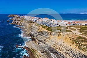 Aerial view of island Baleal naer Peniche on the shore of the ocean in west coast of Portugal. Baleal Portugal with incredible