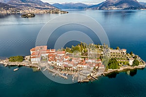 Aerial view of Island Bella at Lake Maggiore, is one of the Borromean Islands in Piedmont of north Italy, Verbania