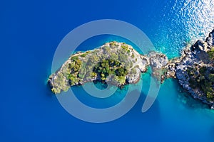 Aerial view of island in blue lagoon near Oludeniz, Fethiye district, Turkey