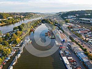 Aerial view of island Cisarska louka - Imperial Meadow in Prague - creek Smichov pond with houseboats. photo