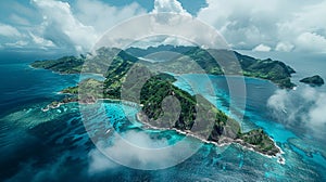 Aerial view of the island of La Digue, Seychelles