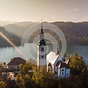 Aerial view of island of lake Bled, Slovenia.