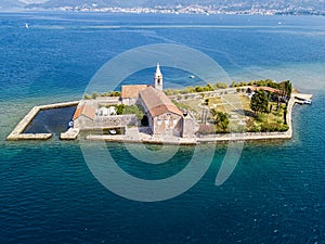 Aerial view of the island of Notre Dame de la MisÃ©ricorde, monastery in the Bay of Kotor. Montenegro