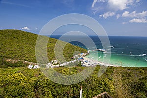 Aerial view island sea beach viewpoint top wide peaceful destination in Thailand with blue sky background landscape