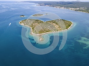 Aerial view of the island in the shape of a heart, Croatia, island of lovers, Otok Galesnnjak, islet, rock. Also called otok za Za