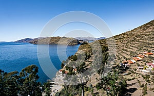 Aerial view of Island of the Sun Isla del Sol in Lake Titicaca, Bolivia