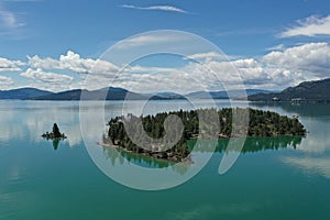 Aerial view of islands and distant mountains in Flathead Lake, Montana. photo