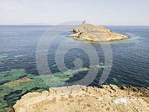 Aerial view of the islands of Finocchiarola, Mezzana, A Terra, Peninsula of Cap Corse, Corsica.