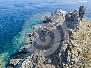 Aerial view of the islands of Finocchiarola, Mezzana, A Terra, Peninsula of Cap Corse, Corsica.
