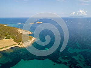 Aerial view of the islands of Finocchiarola, Mezzana, A Terra, Peninsula of Cap Corse, Corsica, France. Tyrrhenian Sea. Sailboats