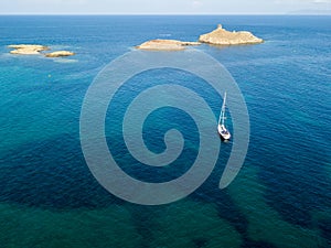 Aerial view of the islands of Finocchiarola, Mezzana, A Terra, Peninsula of Cap Corse, Corsica, France. Tyrrhenian Sea. Sailboats