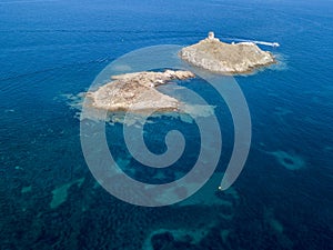 Aerial view of the islands of Finocchiarola, Mezzana, A Terra, Peninsula of Cap Corse, Corsica, France. Tyrrhenian Sea. Sailboats