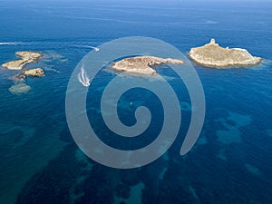 Aerial view of the islands of Finocchiarola, Mezzana, A Terra, Peninsula of Cap Corse, Corsica, France. Tyrrhenian Sea. Sailboats