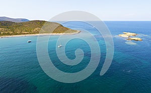 Aerial view of the islands of Finocchiarola, Mezzana, A Terra, Peninsula of Cap Corse, Corsica, France. Tyrrhenian Sea. Sailboats