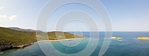 Aerial view of the islands of Finocchiarola, Mezzana, A Terra, Peninsula of Cap Corse, Corsica, France. Tyrrhenian Sea. Sailboats