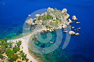 Aerial view of Isola Bella beach in Taormina, Sicily photo