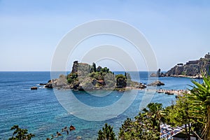 Aerial view of Isola Bella island and beach - Taormina, Sicily, Italy