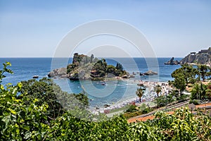 Aerial view of Isola Bella island and beach - Taormina, Sicily, Italy