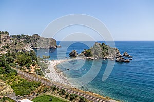 Aerial view of Isola Bella island and beach - Taormina, Sicily, Italy