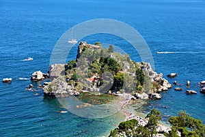 Aerial view of Isola Bella island in Taormina, Italy