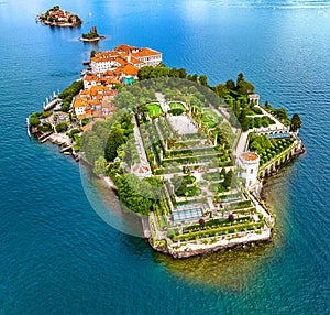 Aerial view of Isola Bella, in Isole Borromee archipelago in Lake Maggiore, Italy